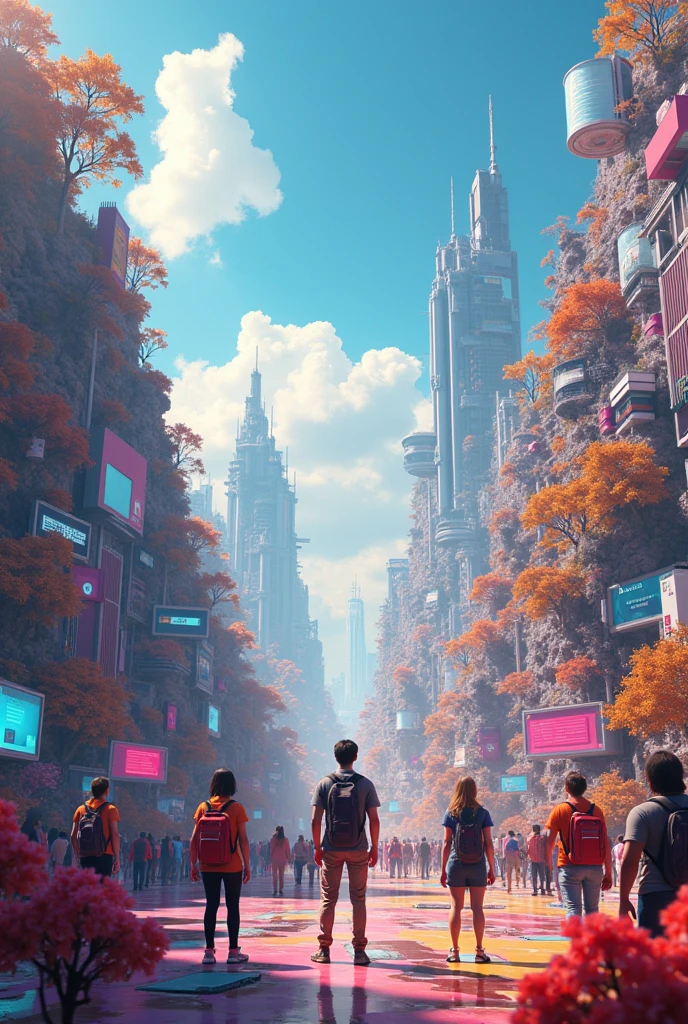 A vibrant, futuristic world showcasing the dynamic growth of the 3D and CGI industry. The scene features a bustling digital city filled with hyper-realistic environments, intricate character designs, and stunning animations. In the foreground, young artists with determination in their eyes are facing steep mountains made of complex software tools and tutorials, symbolizing the challenging learning curve. Industry veterans are seen extending hands to guide and mentor the freshers, emphasizing collaboration and growth. The colors are bright and inspiring, with a sense of limitless creative potential in the air.