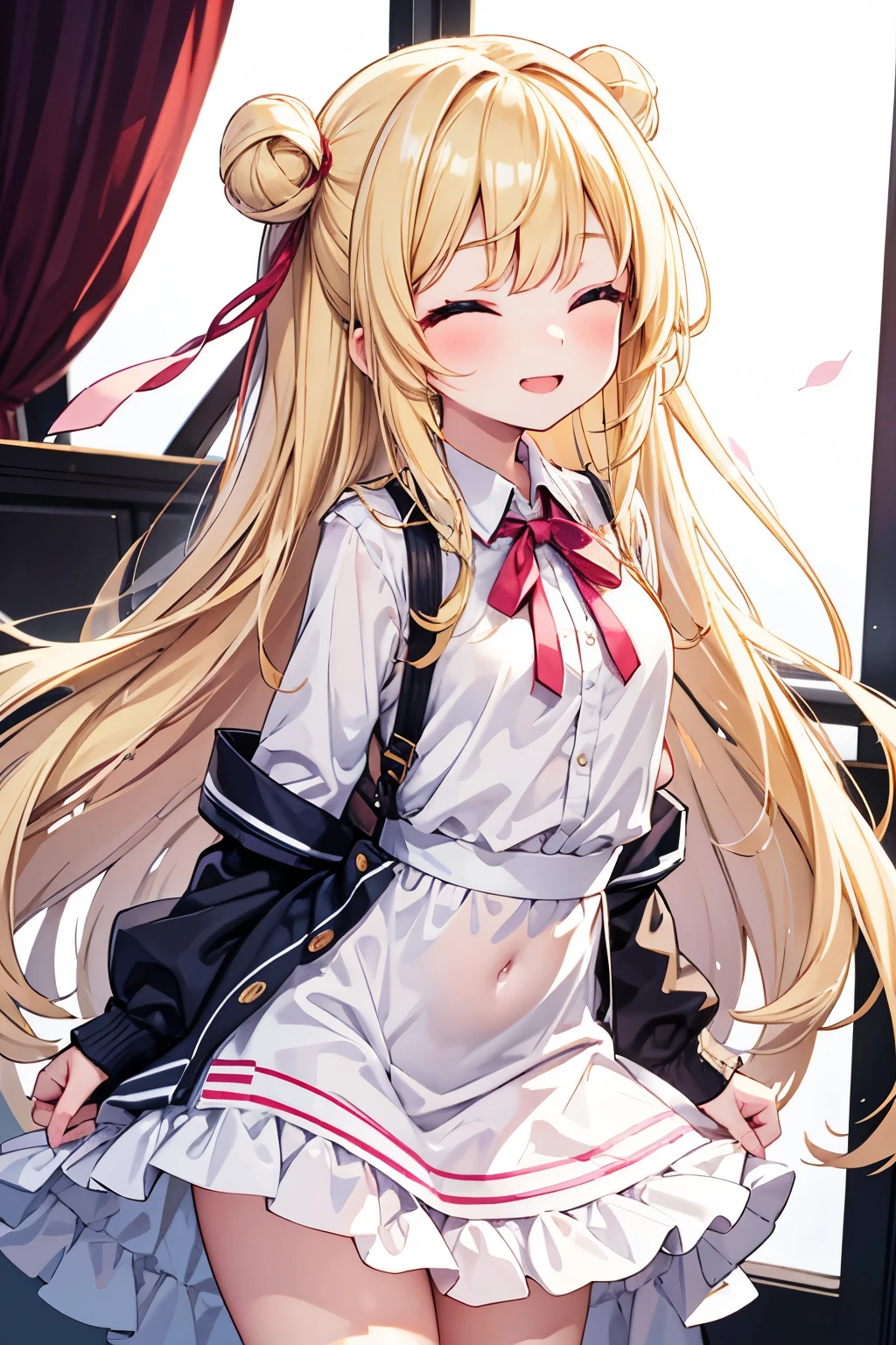 1girl in、A smile、The shirt、skirt by the、（）Chilarism、Japan High School Student Uniform、serafuku、summer clothing、（Sheer Bra）、Upper body portrait、blonde  hair、s asleep、Sleeping in large letters、out stomach