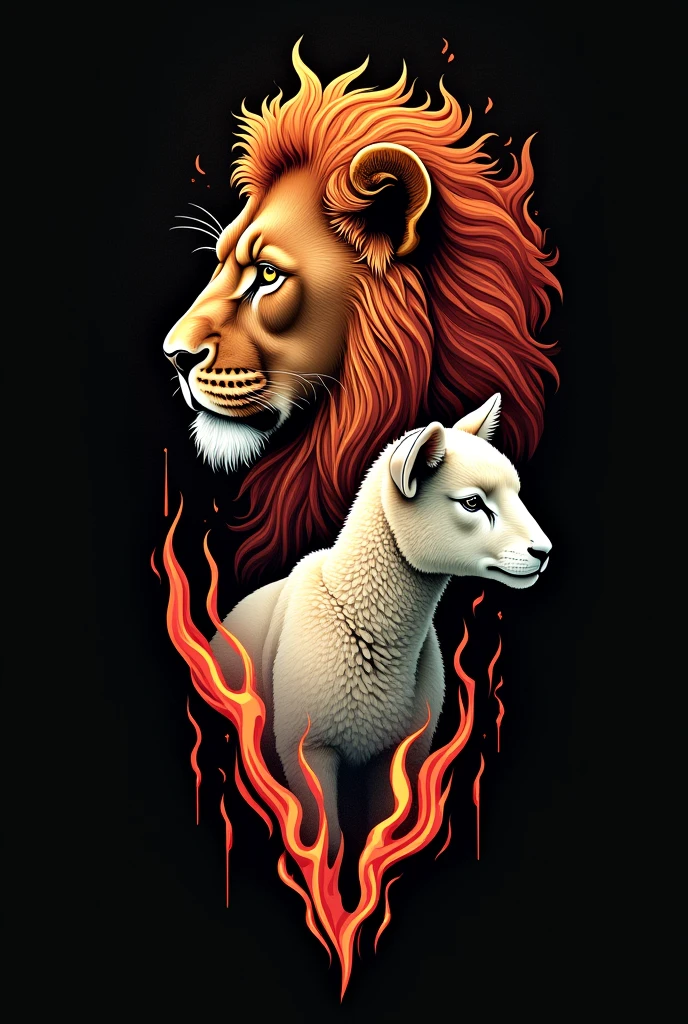 Tattoo of a lioness's face looking to the left, a lamb looking to the right below the lion and a flame in the middle