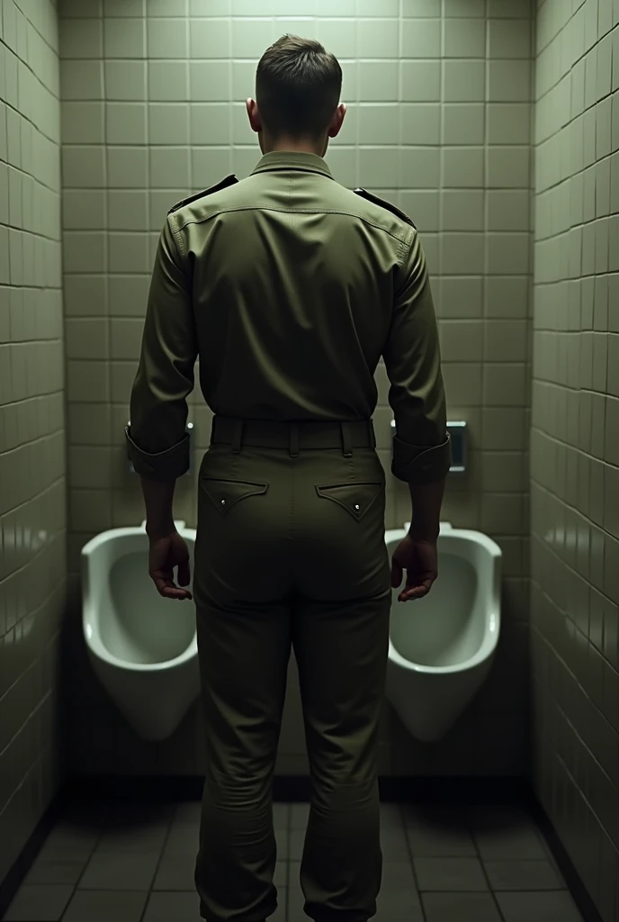A uniformed soldier is urinating (open his pants)in the wall urinal bowl. Epicrealism theme. View from the side, sides and back 