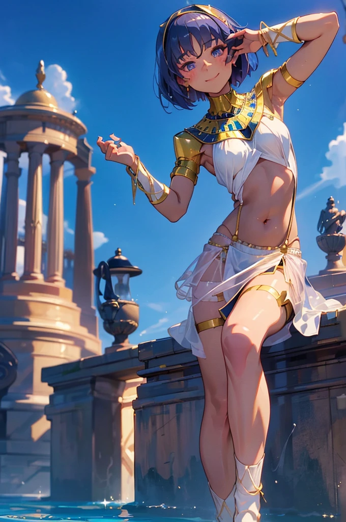 An unparalleled masterpiece, 4K, (Highest quality:1.2), (Very detailed:1.2), Detailed Shadows, pavolia reine, short hair, Pure main outfit, dress, Removable sleeves, Navel clipping, Exposing shoulders, White knee socks, smile, blush, Day光, Day, Outdoor, Are standing, Spread your armpits