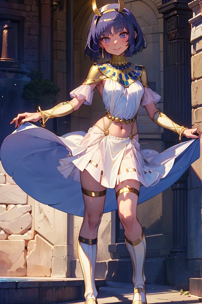 An unparalleled masterpiece, 4K, (Highest quality:1.2), (Very detailed:1.2), Detailed Shadows, pavolia reine, short hair, Pure main outfit, dress, Removable sleeves, Navel clipping, Exposing shoulders, White knee socks, smile, blush, Day光, Day, Outdoor, Are standing, Spread your armpits