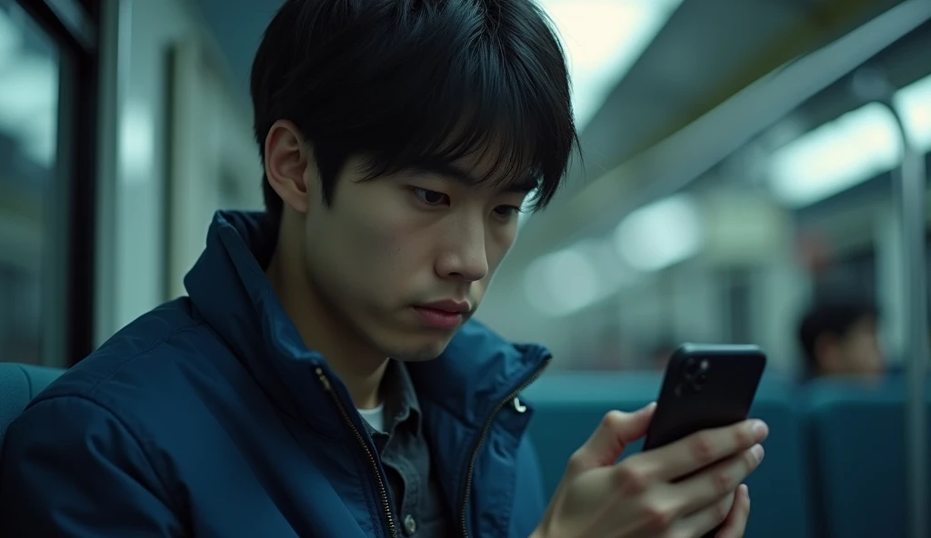 青いジャケット着た日本人の大学生の男性がin the train暗い表情でスマホの画面を見ている,Excited, Photo of your face, in the train, with a natural look, With a slightly tired look, tilt your face a little, Diagonal orientation, Average face