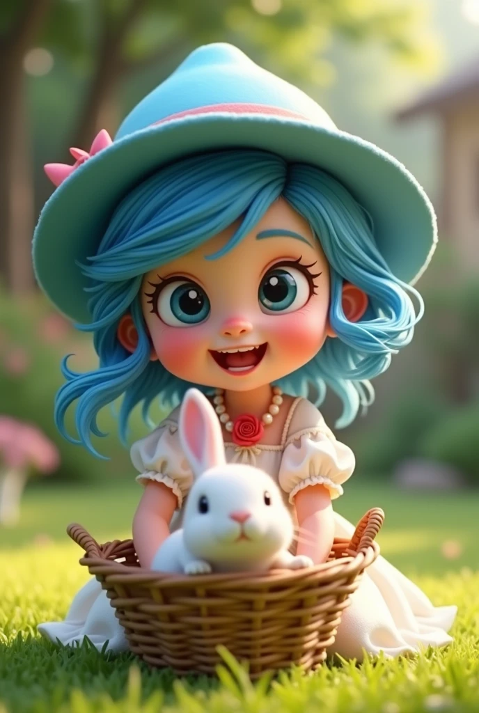 Nineteen blue hat blue girl and blue hair
With a very smiling and happy lip
With an old basket with a white rabbit in it
With a white princess dress and
A pearl necklace with a red rose
inside the bed
Style 3D