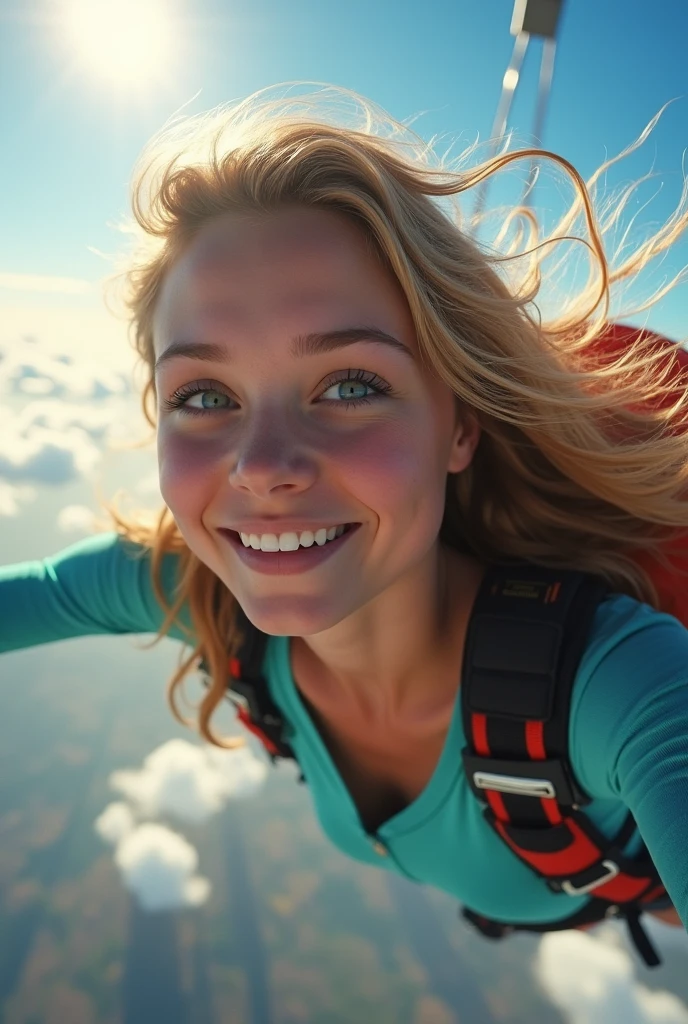 a girl doing skydive, detailed face and eyes, long wavy blonde hair, beautiful girl, adrenaline rush, extreme sports, sky, clouds, blue sky, sunlight, cinematic, dramatic lighting, colorful, vivid, hyper realistic, intricate details, 8k, best quality, masterpiece, highly detailed, photorealistic