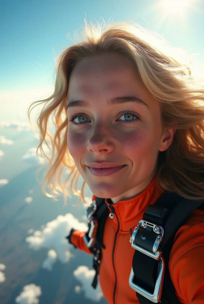 a girl doing skydive, detailed face and eyes, long wavy blonde hair, beautiful girl, adrenaline rush, extreme sports, sky, clouds, blue sky, sunlight, cinematic, dramatic lighting, colorful, vivid, hyper realistic, intricate details, 8k, best quality, masterpiece, highly detailed, photorealistic