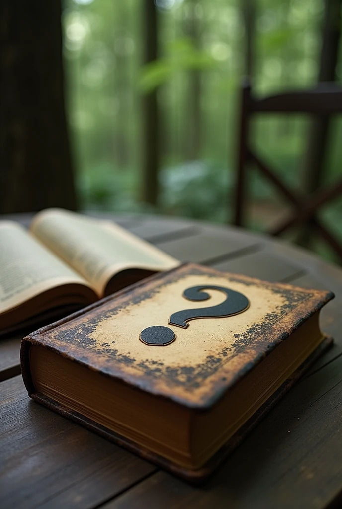 A photo for your tiktok profile, I want in the photo a closed almanac on a table with a question mark on the cover, The photo must be in a field of view that allows you to see the pages of the book and a nice background..