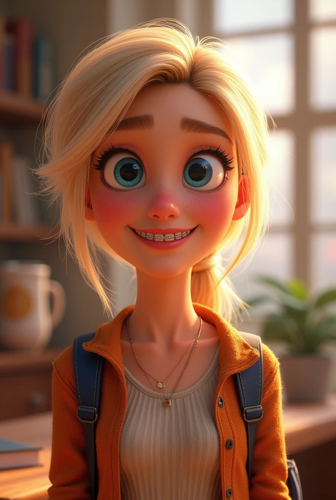 Create what the character Riley from Inside Out 2 would look like if she was in college, remembering that Riley is blonde and wears a ponytail, has braces on his teeth, and light blue eyes