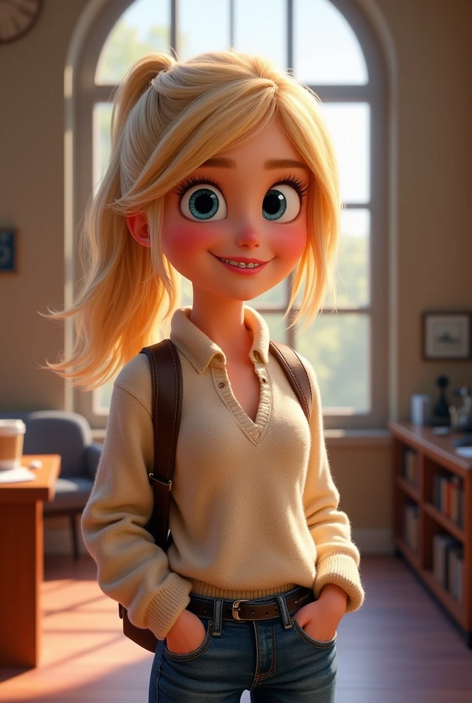Create what the character Riley from Inside Out 2 would look like if she was in college, remembering that Riley is blonde and wears a ponytail, has braces on his teeth, and light blue eyes