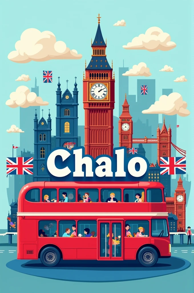 "A vibrant and welcoming image featuring iconic UK landmarks like Big Ben, the Tower Bridge, and a red double-decker bus. The background should blend with scenes representing study, work, and life in the UK, such as a university campus, an office, and a cozy British home. The text 'Chalo UK' should be bold and stylish, with a tagline like 'Your Gateway to Study, Work, and Live in the UK.' The color scheme should be a mix of royal blue, red, and white, reflecting the UK's national colors, with a modern and friendly design."