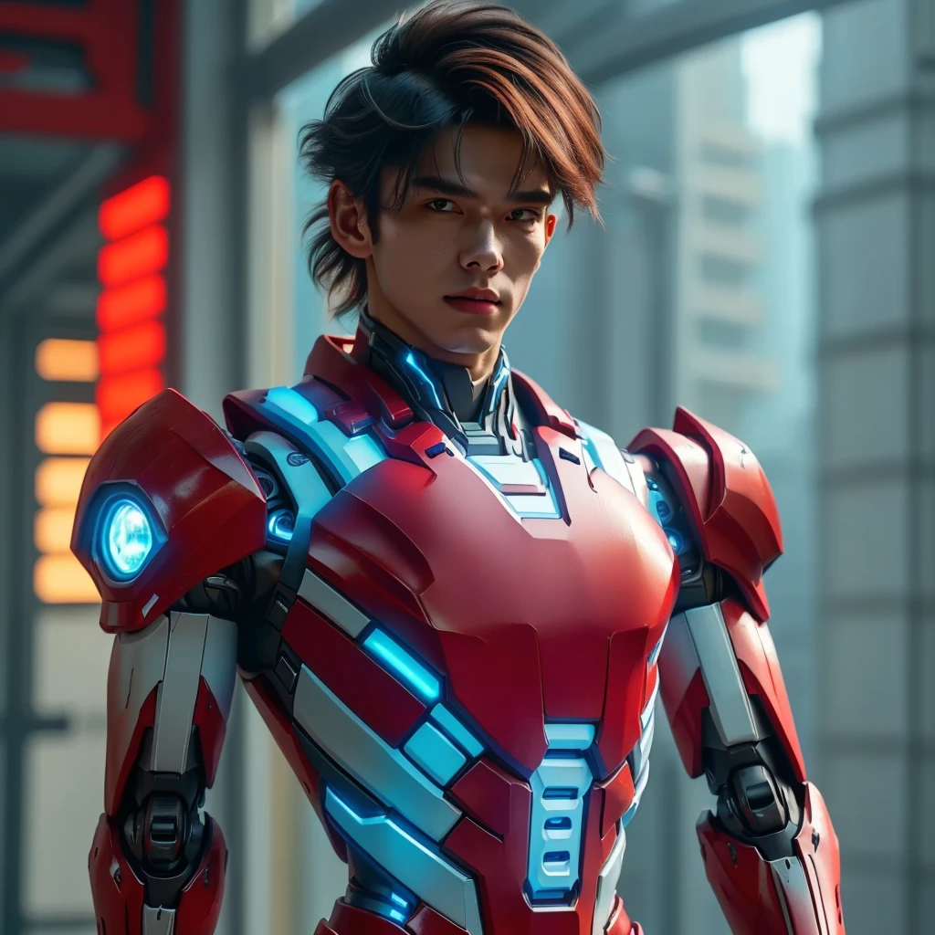 a young 17 year old boy wearing a red and white exoskeleton armor, a robot face on his chest , malaysian mullet hairstyle, detailed face and eyes, highly detailed, 8k, photorealistic, cinematic lighting, concept art, sci-fi. Led light blue.led light robot face on body Punisher. Marvel.
 next gen, future warrior, cyber suit, anton fadeev 8 k, like ironman, red armor, science fiction suit, sci - fi suit, cinematic full shot, high-tech red armor, wearing futuristic armor. a young 17 year old boy wearing a red and white exoskeleton armor, a robot face on his chest , malaysian mullet hairstyle, detailed face and eyes, highly detailed, 8k, photorealistic, cinematic lighting, concept art, sci-fi. Led light blue.led light robot face on body Punisher. Marvel.
