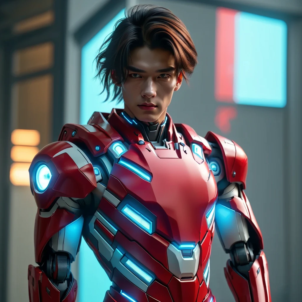 a young 17 year old boy wearing a red and white exoskeleton armor, a robot face on his chest , malaysian mullet hairstyle, detailed face and eyes, highly detailed, 8k, photorealistic, cinematic lighting, concept art, sci-fi. Led light blue.led light robot face on body Punisher. Marvel.
 next gen, future warrior, cyber suit, anton fadeev 8 k, like ironman, red armor, science fiction suit, sci - fi suit, cinematic full shot, high-tech red armor, wearing futuristic armor. a young 17 year old boy wearing a red and white exoskeleton armor, a robot face on his chest , malaysian mullet hairstyle, detailed face and eyes, highly detailed, 8k, photorealistic, cinematic lighting, concept art, sci-fi. Led light blue.led light robot face on body Punisher. Marvel.
