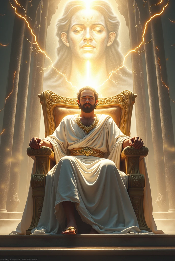 Make an ultra-realistic drawing, cinema picture, 4K resolution 1080px1025 A mighty throne of a king in heaven and a man in white robes sitting on it with a golden belt around his waist and Roman sandals. He holds a golden scepter in his hands, his face can't be seen, for a strong powerful light came out and said the throne and from it also came lightning bolts and thunder and an immense face. He seems to be very powerful, if he were God.
