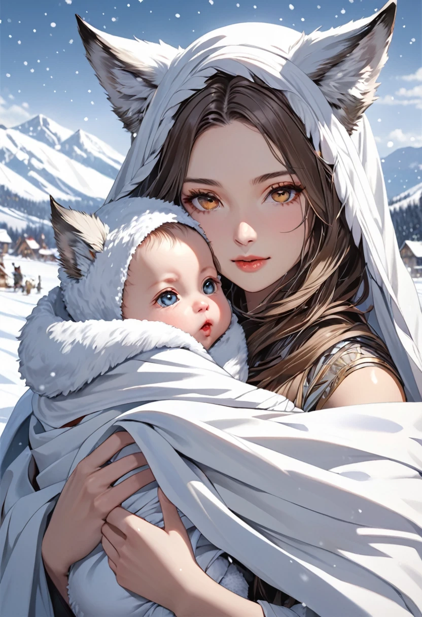 (masterpiece), (best quality), (many details), a woman with a baby, the baby is wrapped in a cloth, (the woman has small horns, lives in the snow, has wolf ears, has wolf eyes), the baby (small horns)