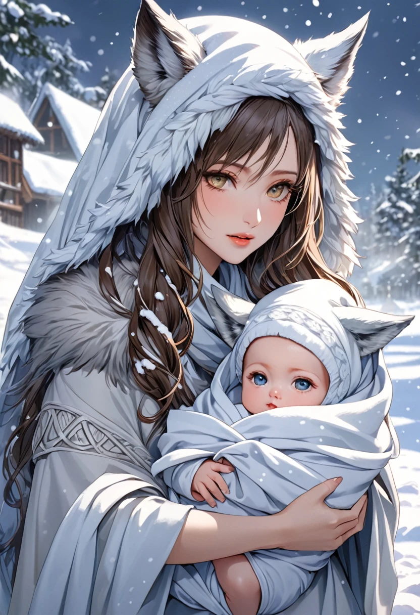 (masterpiece), (best quality), (many details), a woman with a , the baby is wrapped in a cloth, (the woman has small horns, lives in the snow, has wolf ears, has wolf eyes), the babyall horns)