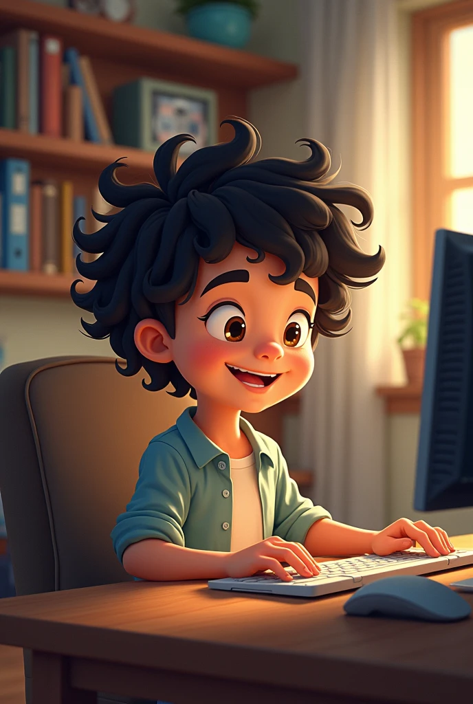 a dark-haired boy with curly hair/wavy hair between 10 and , who is in a room that has a computer and is fascinated and happy with it. The art will be in cartoon style and the camera is a little far away to emphasize the scenery as well..