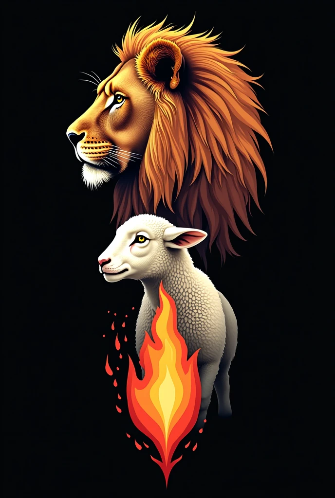 Tattoo of a lioness's face looking to the left, a lamb looking to the right below the lion and a flame in the middle