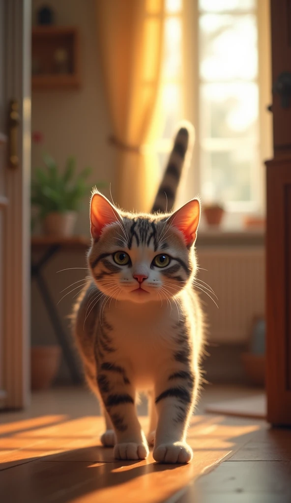 A cat wandering whimsically around the house. The cat moves to another room but soon returns, displaying a fickle expression as if saying, “I want to be alone for a bit, but I don’t want to be completely away from you.” The cat’s behavior reflects its desire to stay close while maintaining some independence.Realistic、4K.8k realistic cat and master