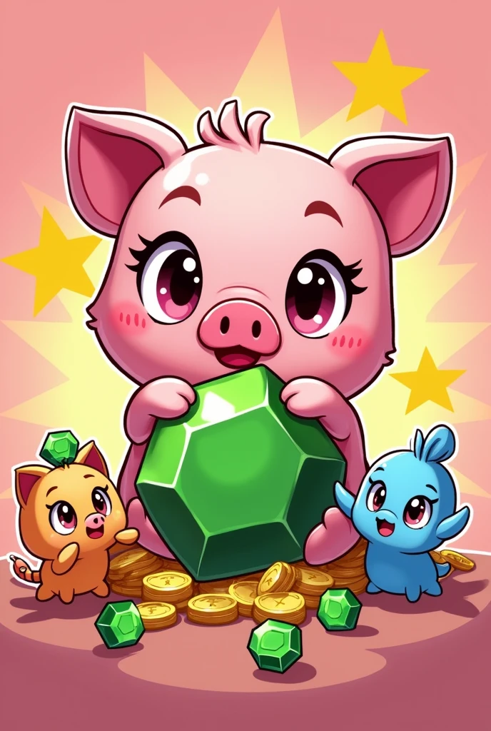 I want you to make a comic-style design of the Brawl Stars mega piggy bank like Spider-Man&#39;s: Across the Spider-Verse and put Cold Challenge and Shelly Star&#39;s new version with gems, glitter and gold, I don&#39;t want the pig, I want the mega piggy bank and the two brawlers already mentioned before, no spiders. put green game gems, gold coins and bling, also make the pig cute, Okay but put the pig hugging a big green gem from the brawl stars game and make the cute pig very cute and small that looks tender with big and shiny eyes like envy of inside out 2 but keeping the style of brawl tsras and pastel pink color with blue eyes and yellow stars in the background. put cold brawl stars competitor and shelly star her recolor, Make her a more adorable woman with eyelashes and shiny eyes with angry eyes, angry face and victory pose 