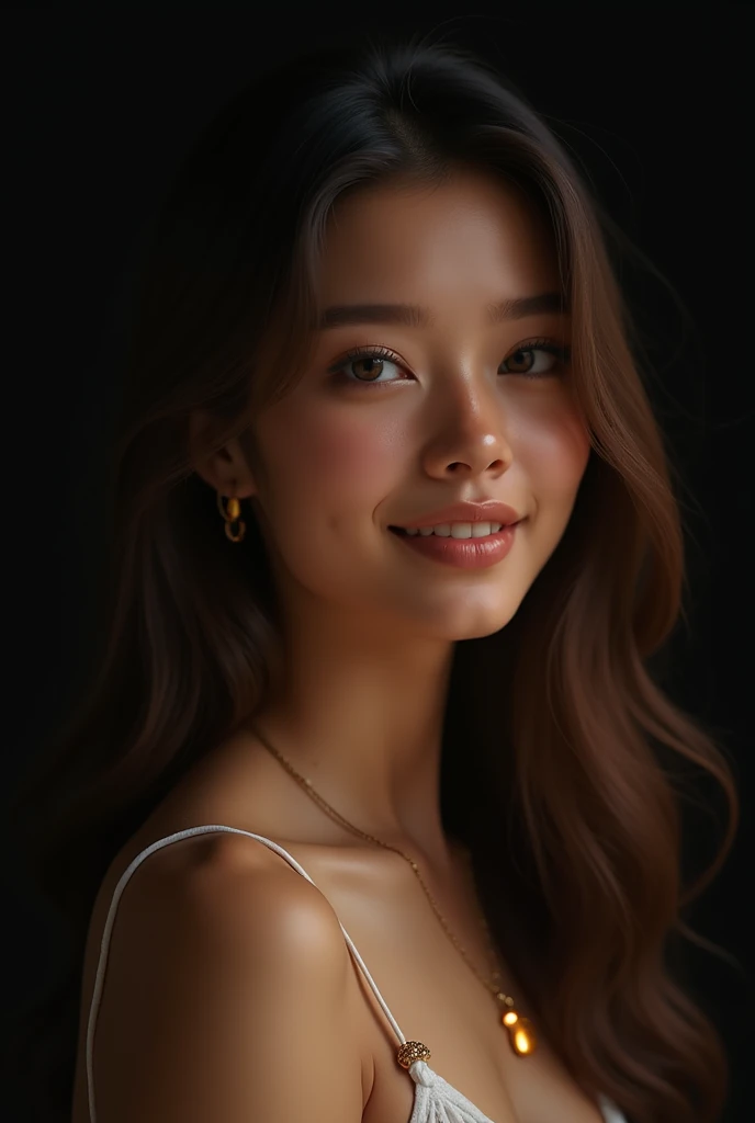 best quality, face focus, soft light, ultra high res, (photorealistic:1.4), RAW photo, 1 girl, solo, cute, (pupil, lights in the eyes),  detailed beautiful face, (small chest),(high resolution detail of human skin texture),
(long hair), light smile, black background,
indoor, suits, Full size, bracelet 