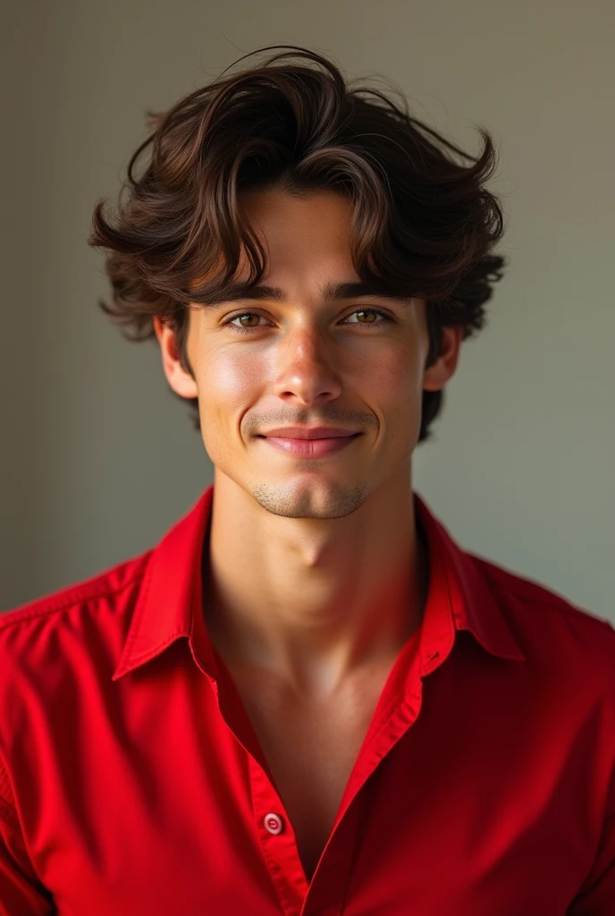 A young brown haired man wearing red 