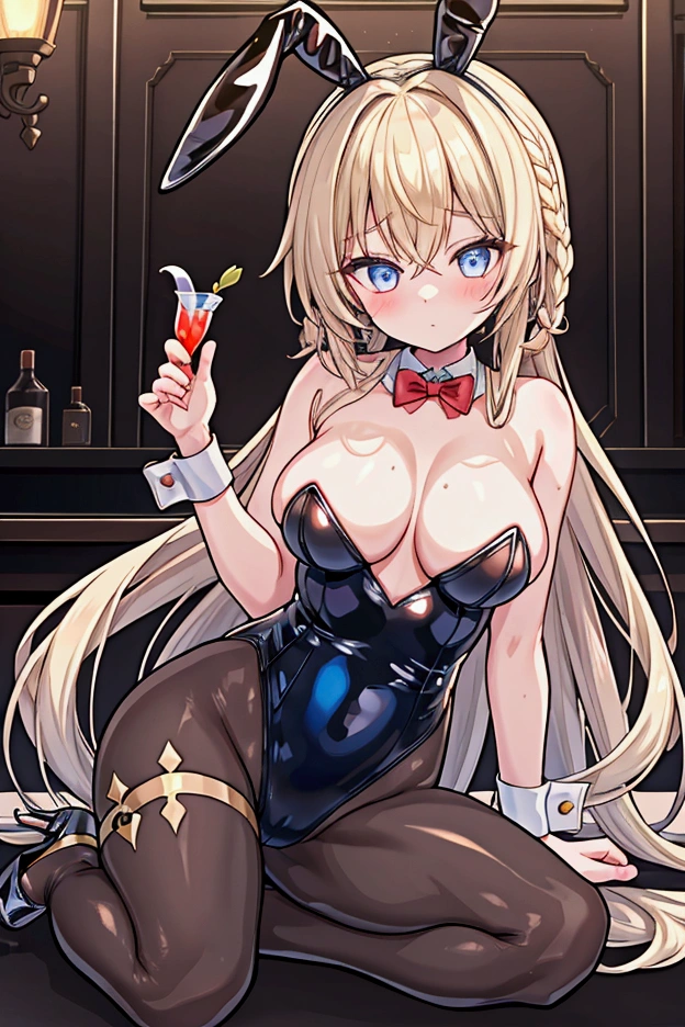 masterpiece, best quality, ultra detailed, perfect limbs, natural look, well-proportioned face, high_heels, black_glossy_bunny_suit, (braid on the side of the bunny suit), holding cocktail glass in hand, voluminous long wavy hair, blonde_hair, blue_eyes, red_bowtie at neck, gemstone_earrings, seated with one's hips slightly leaning on the bar stool, pantyhose, classic_type_bunny_girl, glamor,, in the bar