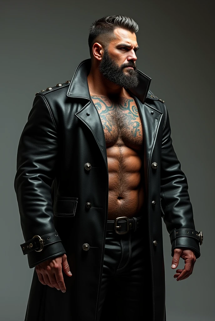 a side view of a muscular man in a long black sleeved leather coat full of metal studs and the massive, tall high collar turned up covering the sides of his face, detailed facial features, extremely detailed muscular physique, chest hair, hairy chest, masculine tattoos, large penis, big cock, massive outline of bulging penis, fierce and intimidating expression, commanding pose, black mohawk, bearded face, clear and sharp lighting, photorealistic, cinematic, hyper-realistic, high quality, 8k, ultra-detailed, physically-based rendering, studio lighting