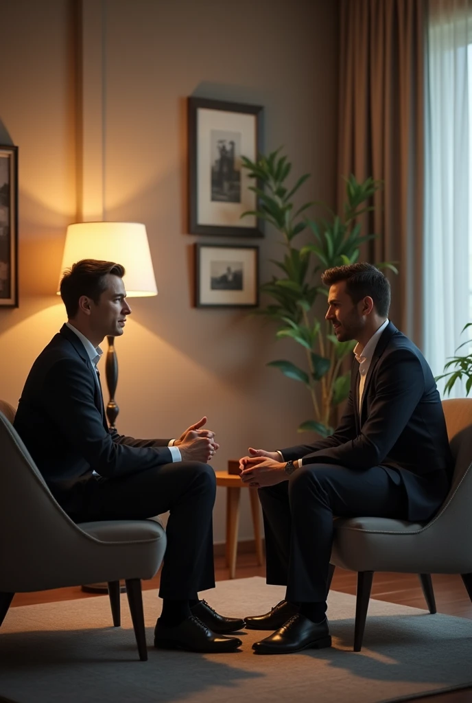 I want a image of two men
people sitting in the chair and talking to eachother