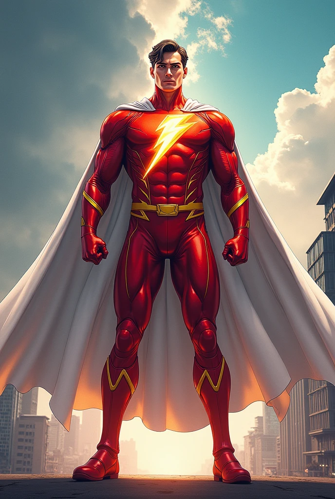 Create a hero with a red uniform with a lightning bolt on the chest and a white anime cape