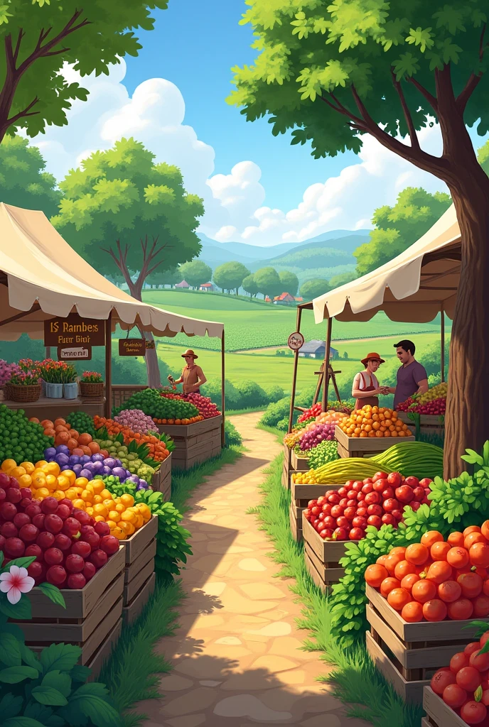 "Create an image of a farmers market offering fresh and organic products. Display a variety of brightly colored fruits and vegetables, arranged in baskets or wooden boxes. The scene must convey an atmosphere of closeness and sustainability, with details like handmade labels that say &#39;Organic&#39; or &#39;From the Garden&#39;. Include natural elements, like flowers and plants, and a background that suggests a rural environment, like a field or a small farm."