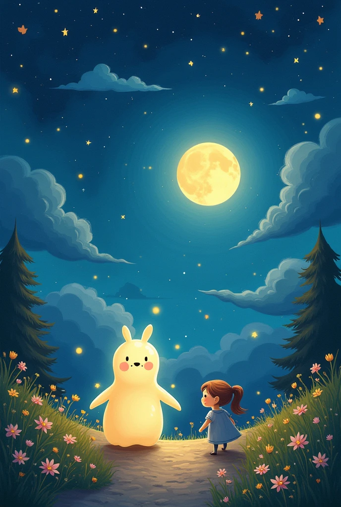  a night scene full of wonders. Add a starry sky with smiling stars, and I placed a friendly moon watching the scene with a loving look. In addition, Insert a translucent spirit, Friendly and bright appearance, as a magical guide on the characters' nightly journey. Use a palette of soft and vibrant colors to create a cheerful and magical environment, Perfectly suitable for children. Let your creativity flow and capture the sense of adventure and mystery.