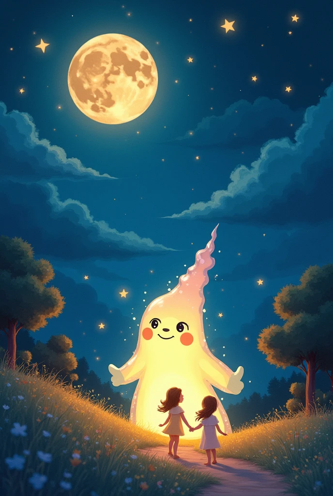  a night scene full of wonders. Add a starry sky with smiling stars, and I placed a friendly moon watching the scene with a loving look. In addition, Insert a translucent spirit, Friendly and bright appearance, as a magical guide on the characters' nightly journey. Use a palette of soft and vibrant colors to create a cheerful and magical environment, Perfectly suitable for children. Let your creativity flow and capture the sense of adventure and mystery.