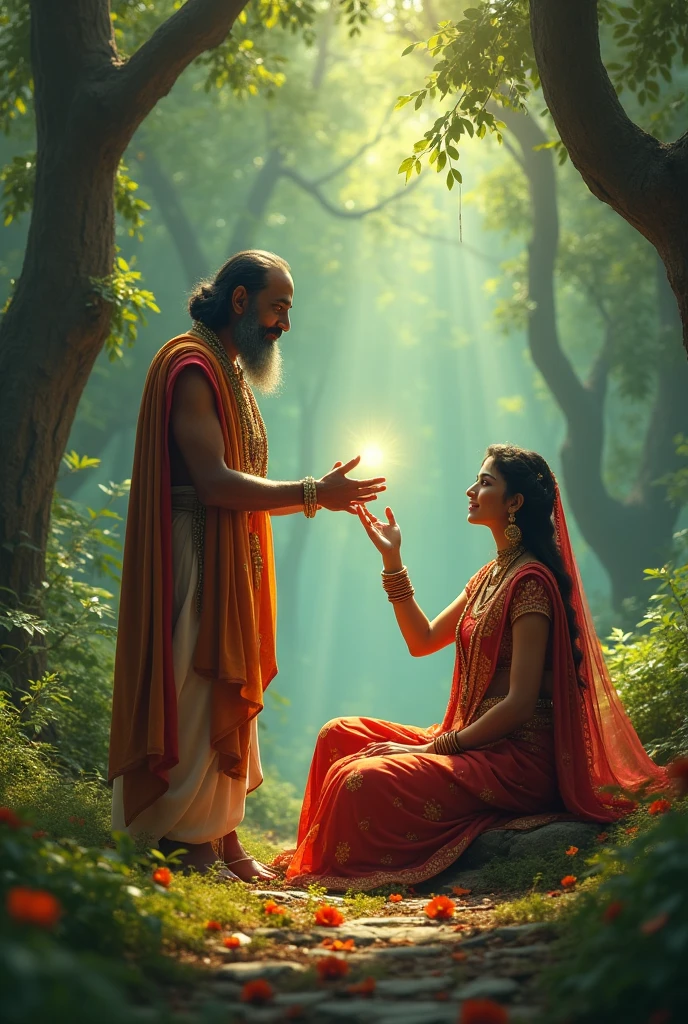 a women historical rani sitting down on earth in a forest and a sant give him bless his hands gives a positive waves on womens head