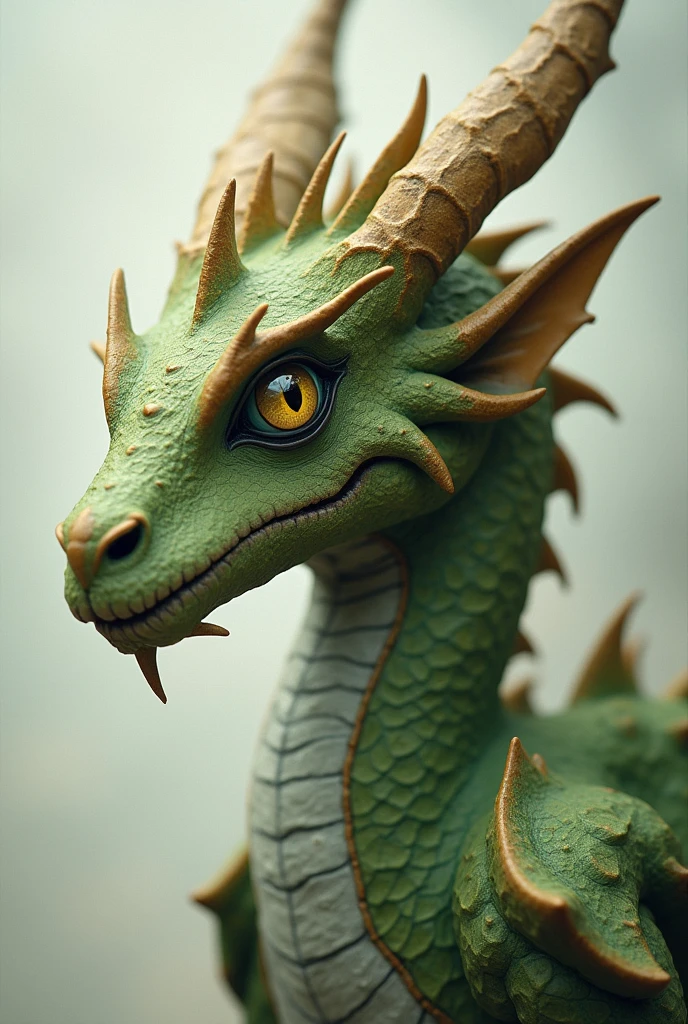 Dungeon Dragons Draconid of dull and light green color. He has a scar on his mouth, result of one of his childhood journeys in the valley, In addition to having a glass eye, replacing the loss of his right eye. Compared to other clans, Her body has a fine shape, with delicate features and an elongated snout and neck. That doesn't mean it doesn't look imposing and robust., His height helps to command respect. Long-crested, varying between semi-fur and spines, with a pair of small horns that follow the line of their eyebrows. The color varies between ochre and terracotta.. pointy ears, that remain low.