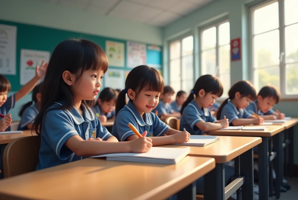 (photorealism:1.2), 

6th grade students wearing student uniform, sitting at their individual desks, taking notes and others giving their opinions