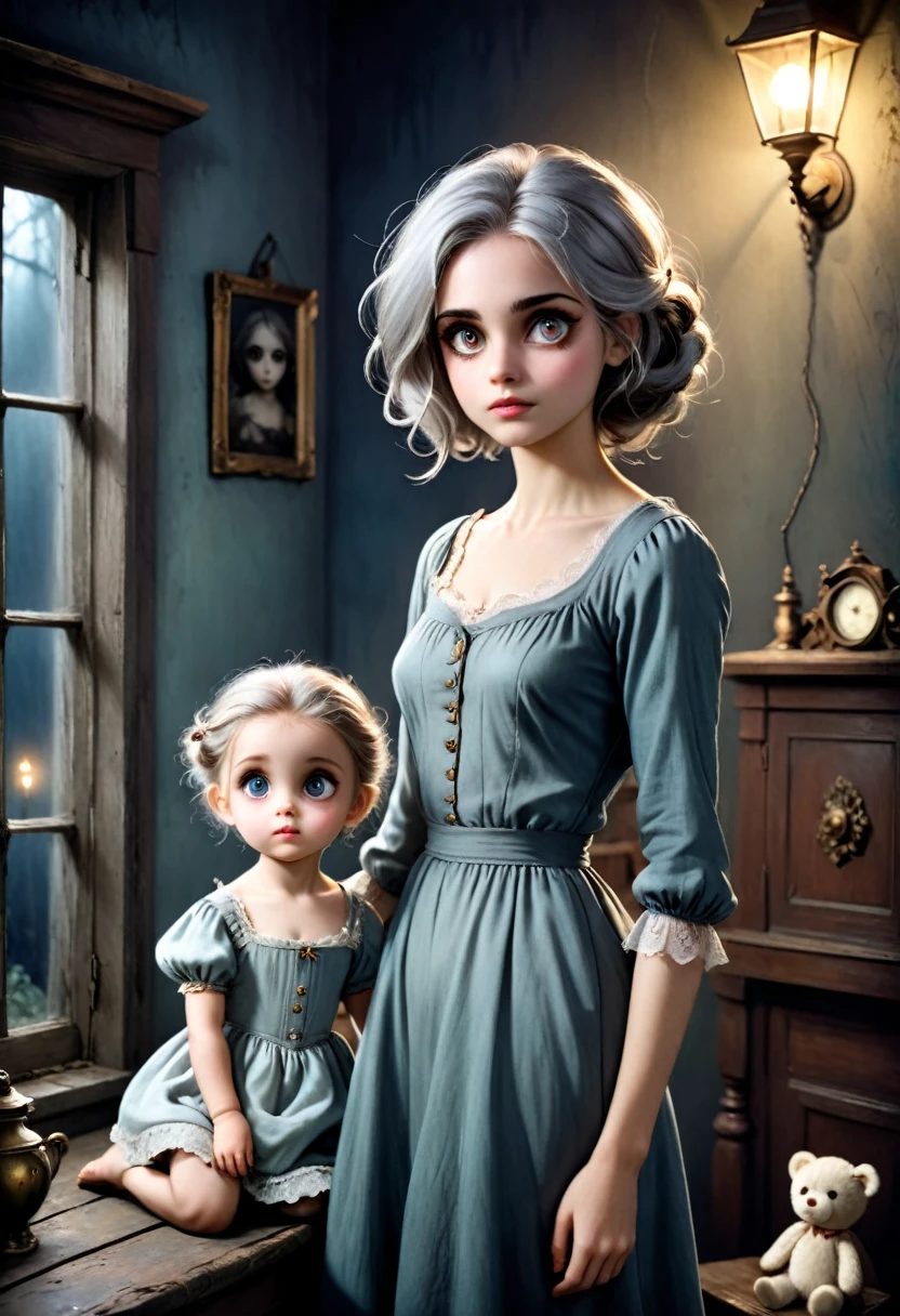 Vibrant, analog photo style, depths of field, (cute woman with big doll's eyes, messy grey hair, surrounded by a dark horrible antique setting), (don't be afraid of the night, be afraid of those you might meet at night), (her full body is a visual pleasure), extremely sexy, gloomy dark atmosphere, deep shadows with the some sun rays, a delicate balance between beauty and darkness, faded colours, great quality, Masterpiece, blurred gloomy background, naturally cinematic light, 16k quality, kodak porta 400, bokeh.