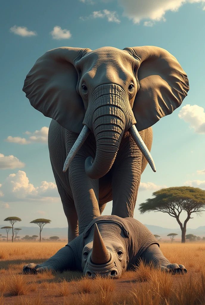 Elephant standing with one foot on a dead Rihno that it fought in a savana