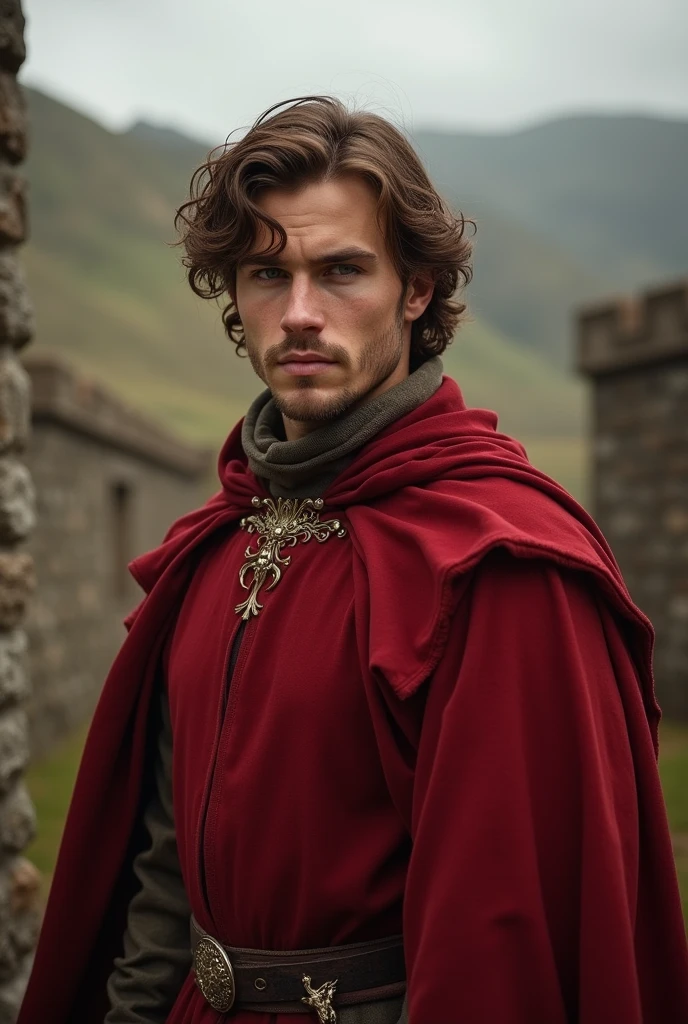 A young brown haired man wearing medieval red