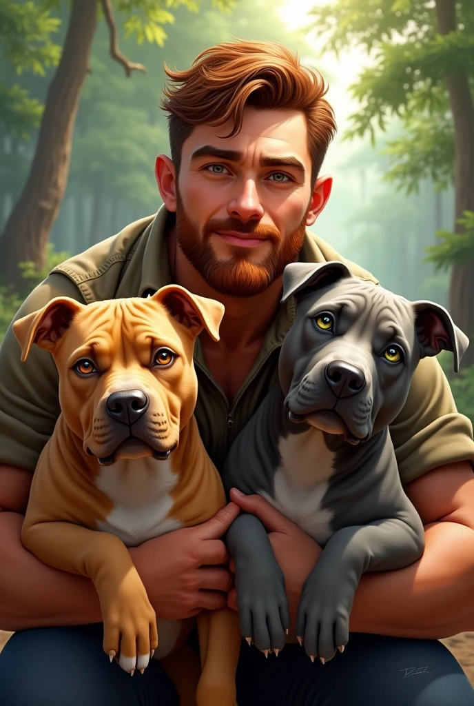 Man with short reddish beard, brown hair holding her two PITBULL dog of golden brown color and yellow eyes and another gray color green eyes
