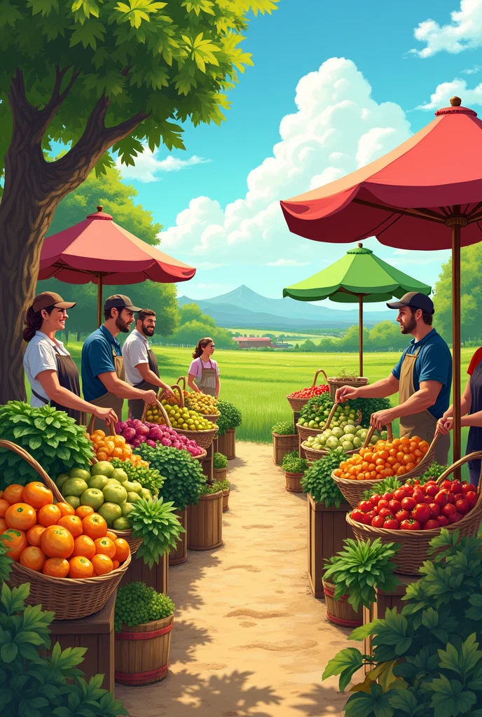 "Create an image of a farmers market offering fresh and organic products. Display a variety of brightly colored fruits and vegetables, arranged in baskets or wooden boxes. The scene must convey an atmosphere of closeness and sustainability, with details like handmade labels that say 'Organic' or 'From the Garden'. Include natural elements, like flowers and plants, and a background that suggests a rural environment, like a field or a small farm."