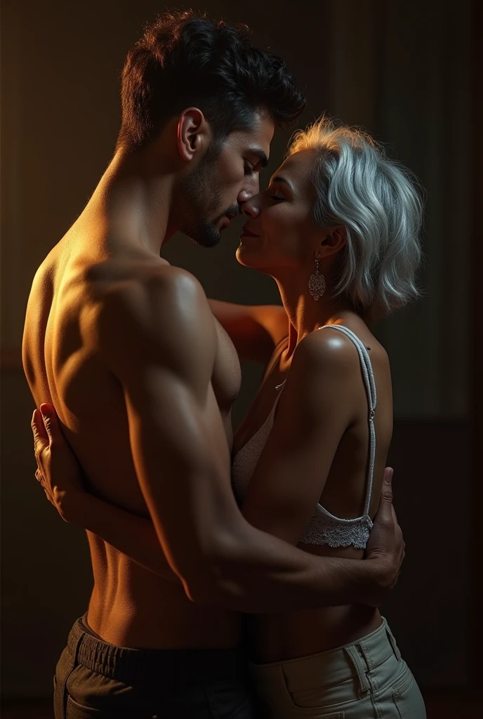 (photorealism:1.2), Beautiful Dark Skinned Old Woman with slight white hair, Wearing White Bra and Kissing with a 18 year Old Boy passionately, Dim light in the room.