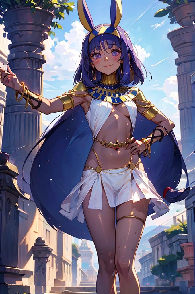 Nitocris、beautiful girl、Raise your hands to show your sweaty armpits、An unparalleled masterpiece, 4K, (Highest quality:1.2), (Very detailed:1.2), Detailed Shadows, pavolia reine, short hair, Pure main outfit, dress, Removable sleeves, Navel clipping, Exposing shoulders, White knee socks, smile, blush, Day光, Day, Outdoor, Are standing, Spread your armpits