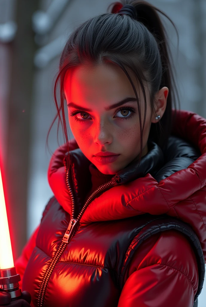 a slim ponytail 16 year old angry sith wielding her bright lightsaber, she is battling her slim nemesis,beautiful detailed bright fire-eyed eyes,beautiful freckles,beautiful detailed lips,extremely detailed eyes and face,longeyelashes, wearing beautiful detailed skintight airtight covering-head hooded armored formfitting duvetica overfilled overinflated shiny super gleamy thick glossy puffervest covering over her padded high-collared pufferjacket, glossy latex leggings,symmetrical,masterpiece,cinematic,lifelike,hyperrealistic,8k,photorealistic,highly detailed,intricate,exquisite,elegant,beautiful,stunning