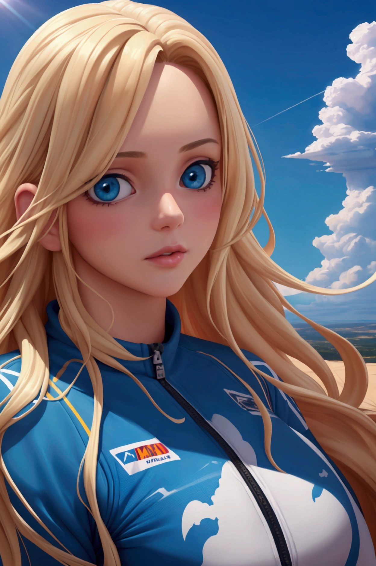 a girl doing skydive, detailed face and eyes, long wavy blonde hair, beautiful girl, adrenaline rush, extreme sports, sky, clouds, blue sky, sunlight, cinematic, dramatic lighting, colorful, vivid, hyper realistic, intricate details, 8k, best quality, masterpiece, highly detailed, photorealistic