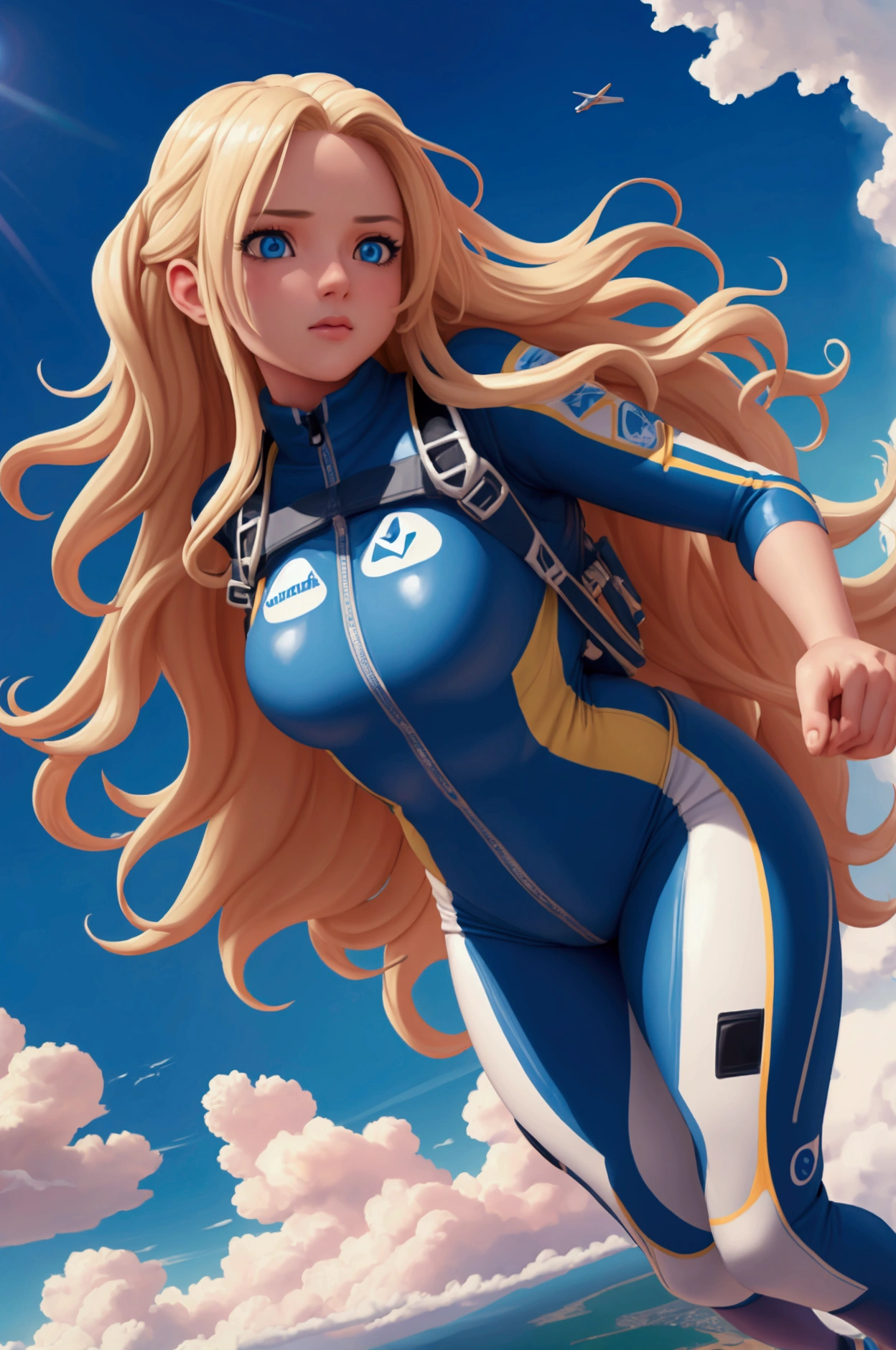 a girl doing skydive, detailed face and eyes, long wavy blonde hair, beautiful girl, adrenaline rush, extreme sports, sky, clouds, blue sky, sunlight, cinematic, dramatic lighting, colorful, vivid, hyper realistic, intricate details, 8k, best quality, masterpiece, highly detailed, photorealistic