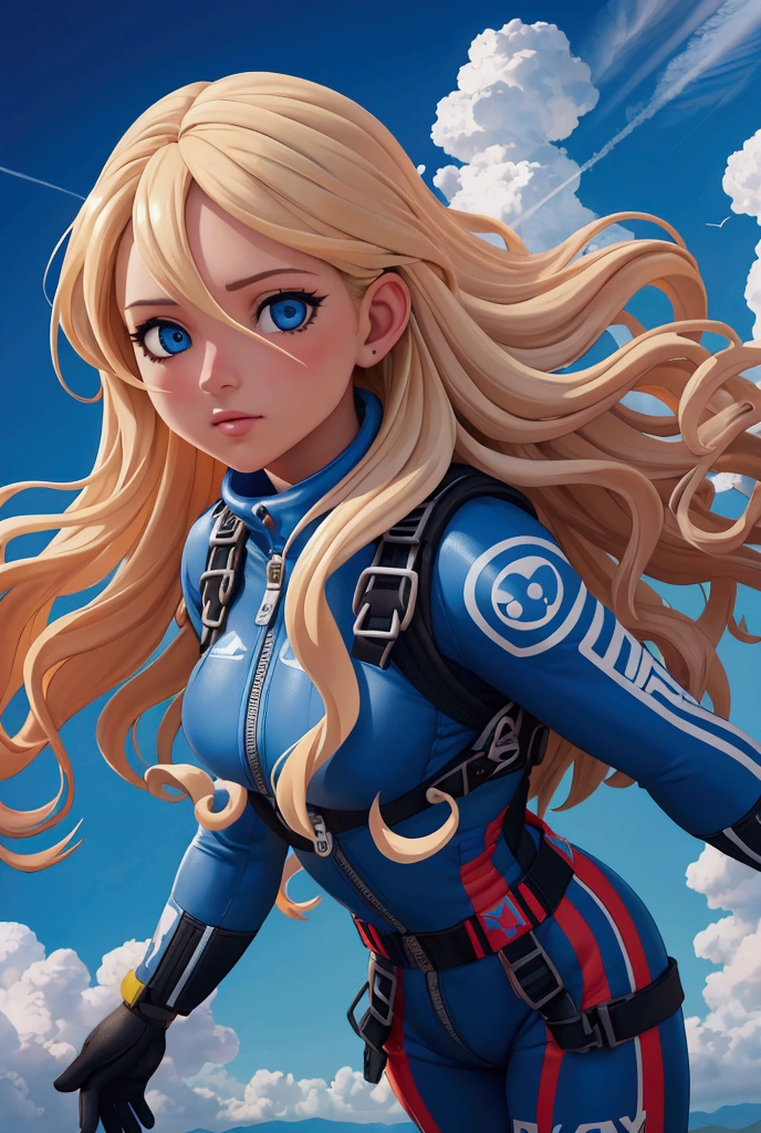 a girl doing skydive, detailed face and eyes, long wavy blonde hair, beautiful girl, adrenaline rush, extreme sports, sky, clouds, blue sky, sunlight, cinematic, dramatic lighting, colorful, vivid, hyper realistic, intricate details, 8k, best quality, masterpiece, highly detailed, photorealistic