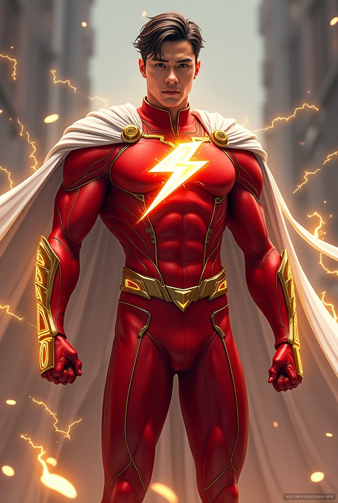 Create a hero with a red uniform with a lightning bolt on the chest and a white cape with golden anime lines 