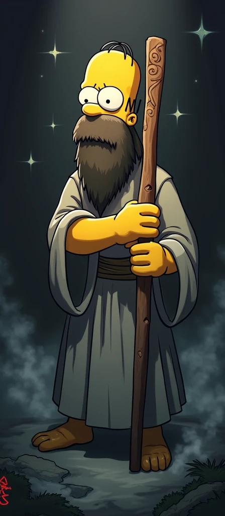 Simpsons in prophet form with a big black beard and a staff in his hand