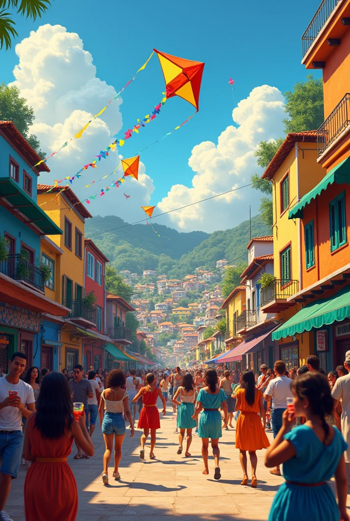 Children flying kites and people dancing and drinking in the favela