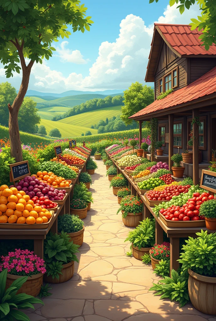 "Create an image of a farmers market offering fresh and organic products. Display a variety of brightly colored vegetables, arranged in baskets or wooden boxes. The scene must convey an atmosphere of closeness and sustainability, with details like handmade labels that say 'Organic' or 'From the Garden'. Include natural elements, like flowers and plants, and a background that suggests a rural environment, like a field or a small farm."
